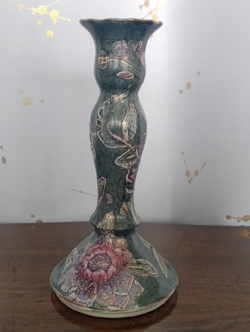 Handcrafted Floral Ceramic Candle Holder in Teal and Pink